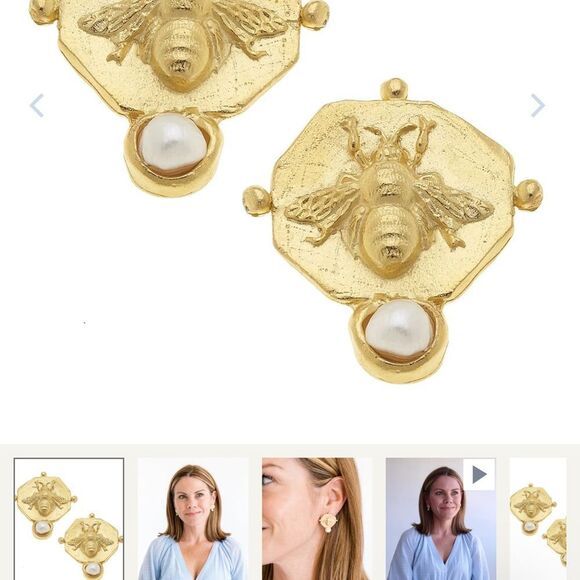 Gold Bee Pearl Earrings - Picture 1 of 3